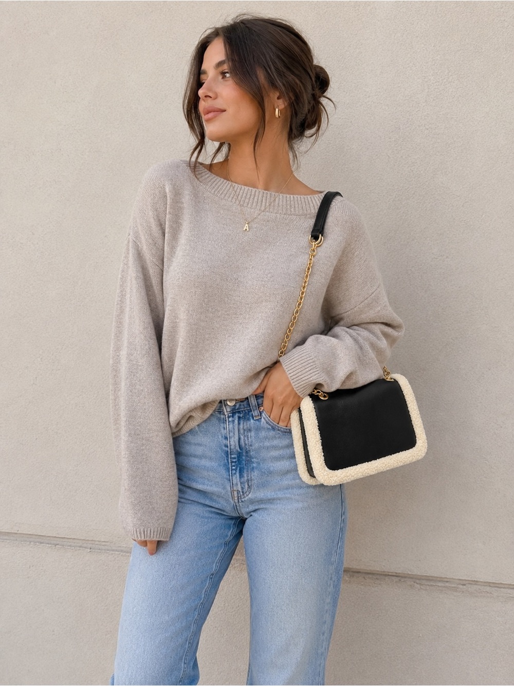 Coco Sherpa Trim Crossbody w/Chain Strap in Black by Jen & Co